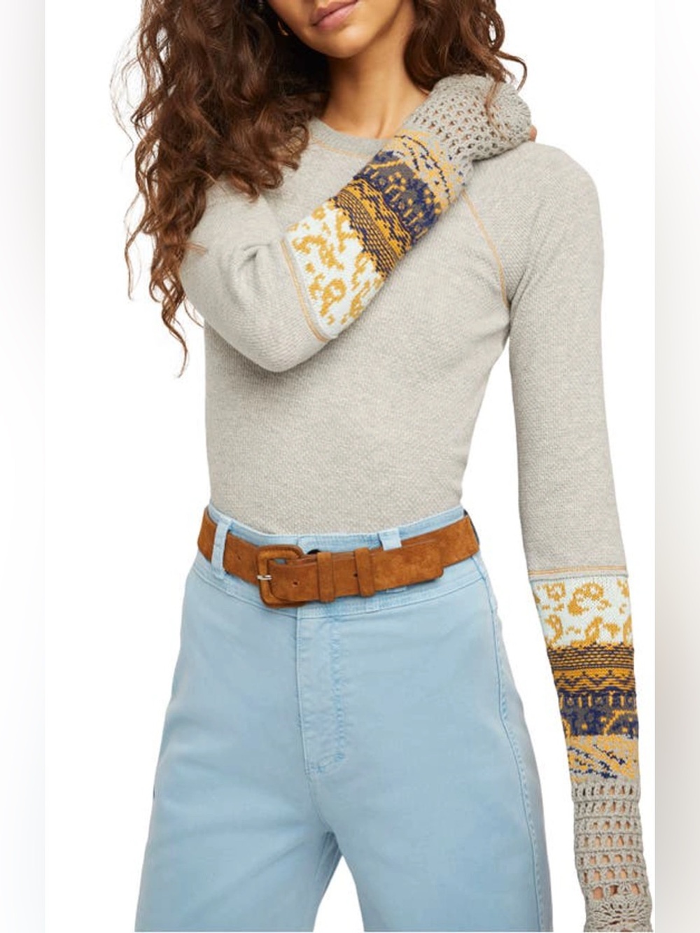 Chelsea & Theodore Boho Style Thermal Crochet Long Sleeve Top Women S Gray